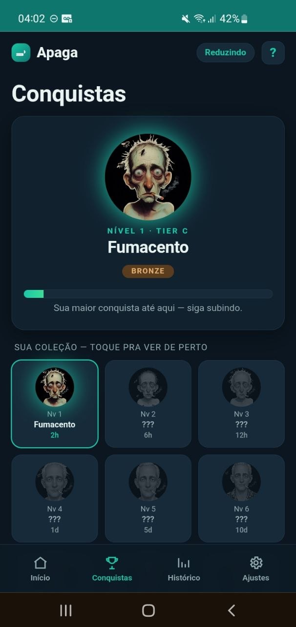 Tela de Conquistas do Apaga — personagem Fôlego Novo e a coleção de figuras desbloqueáveis