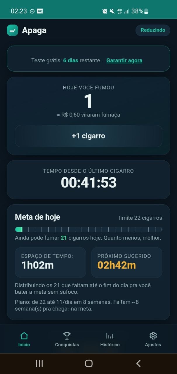 Tela inicial do Apaga — contagem de cigarros e dinheiro gasto